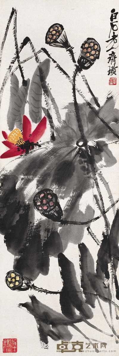 齐白石 红荷图 立轴 102×34cm